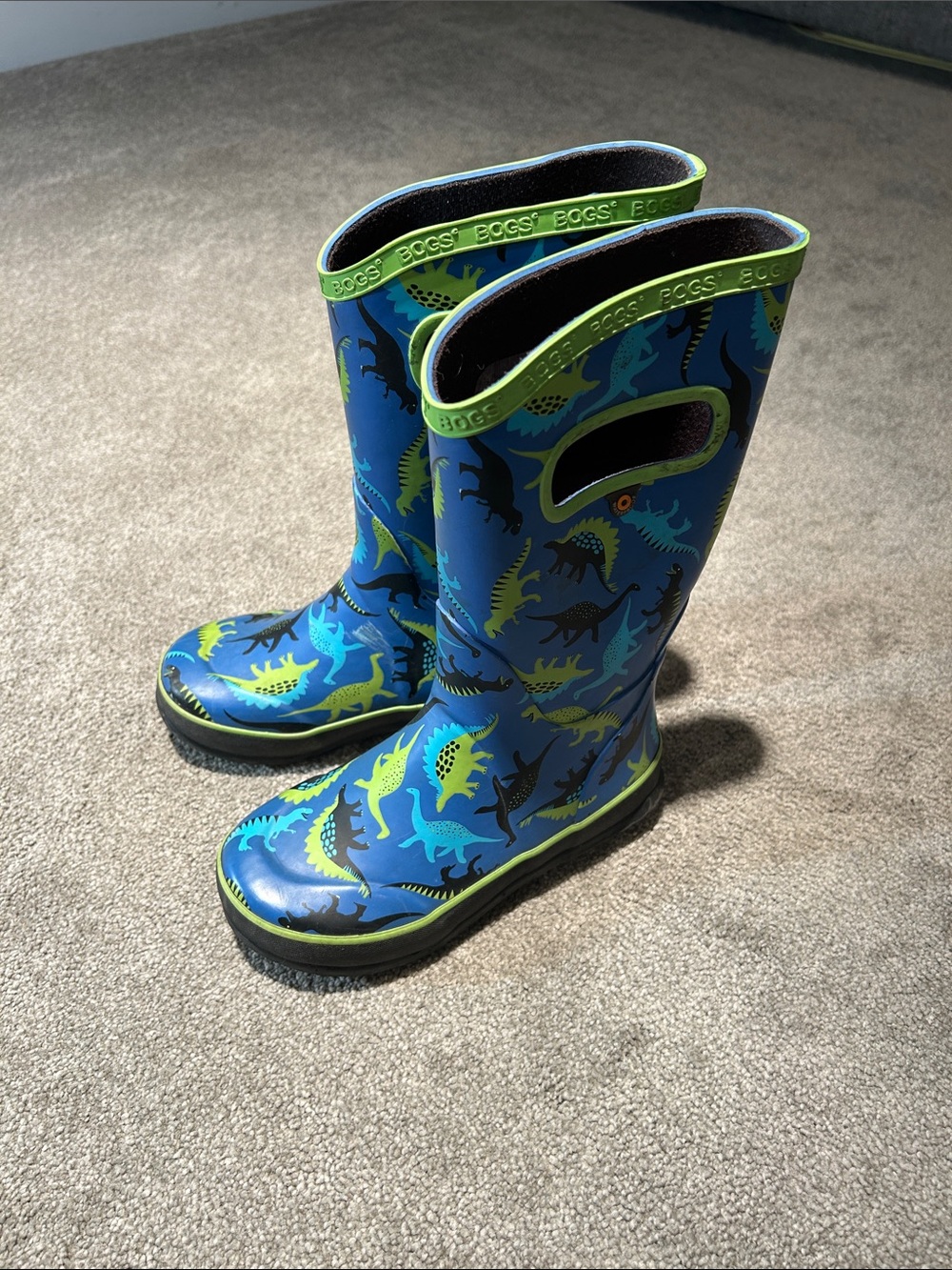 Bogs Kids Blue Dinosaur Rain & Snow Boots with Lime Trim